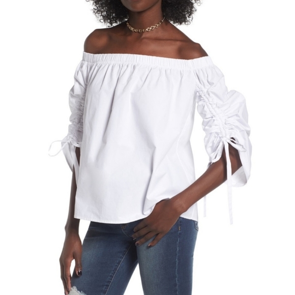Off the Shoulder peasant blouse white Cinched Sleeve 2X - Picture 1 of 10